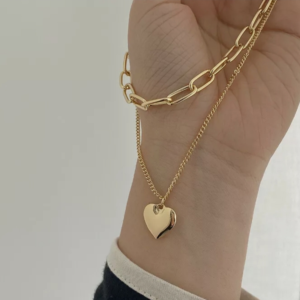 Double Layer Women Jewelry Gold Heart Charms Pendant Necklace New - Picture 8 of 11